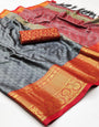 Grey & Red Silk Saree With Weaving Work