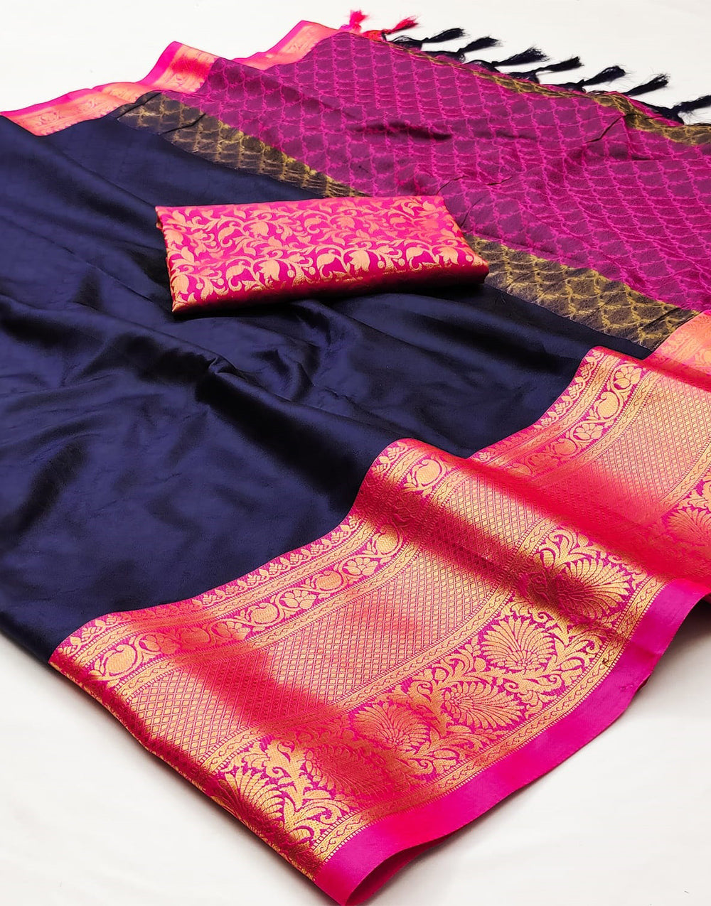 Navy Blue & Pink Silk Saree With Weaving Work