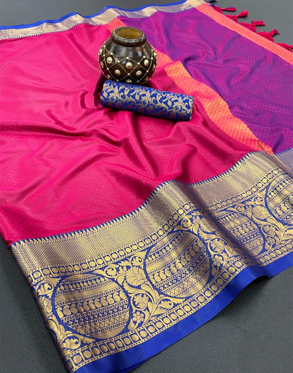 Rani Pink Silk Saree With Weaving Work