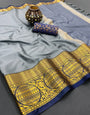 Grey & Navy Blue Silk Saree With Weaving Work