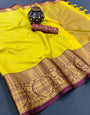 Yellow & Wine Silk Saree With Weaving Work