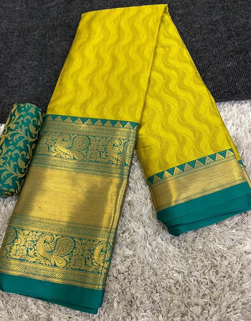Yellow & Pine Green Silk Saree With Weaving Work