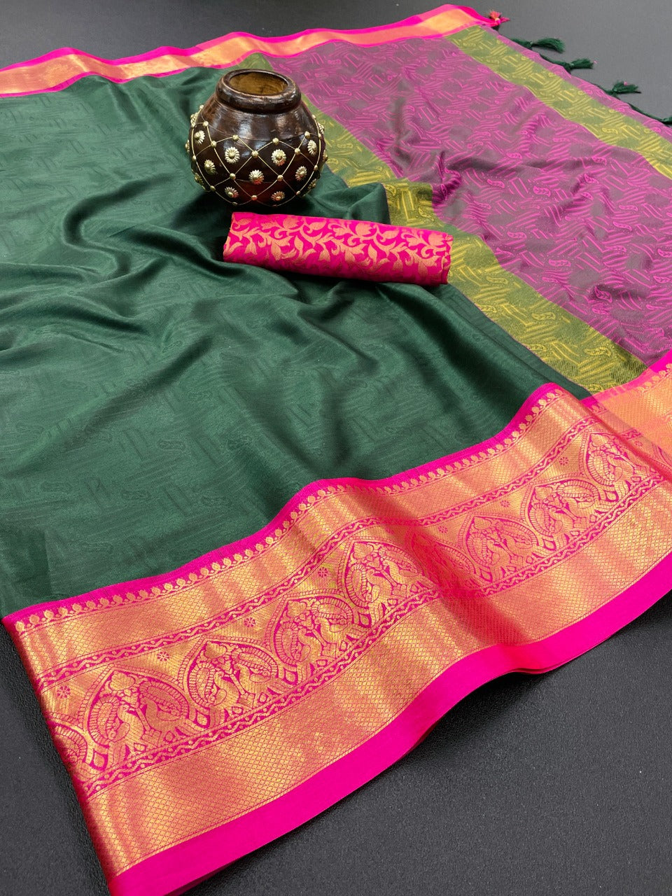 Dark Green Silk Saree With Weaving Work
