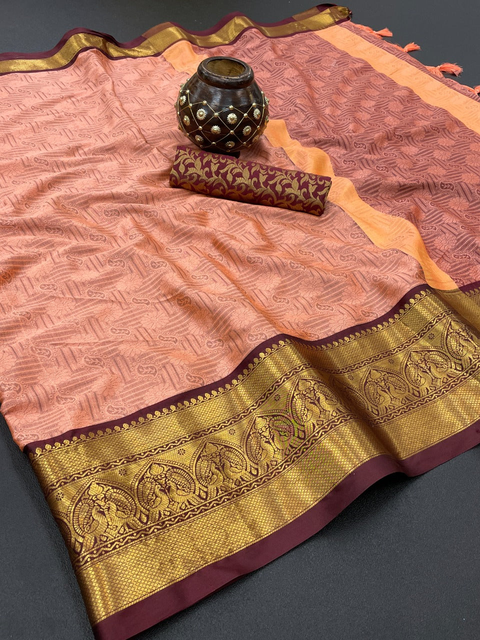 Peach Silk Saree With Weaving Work