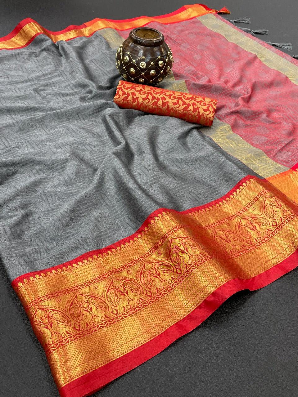 Grey & Red Silk Saree With Weaving Work
