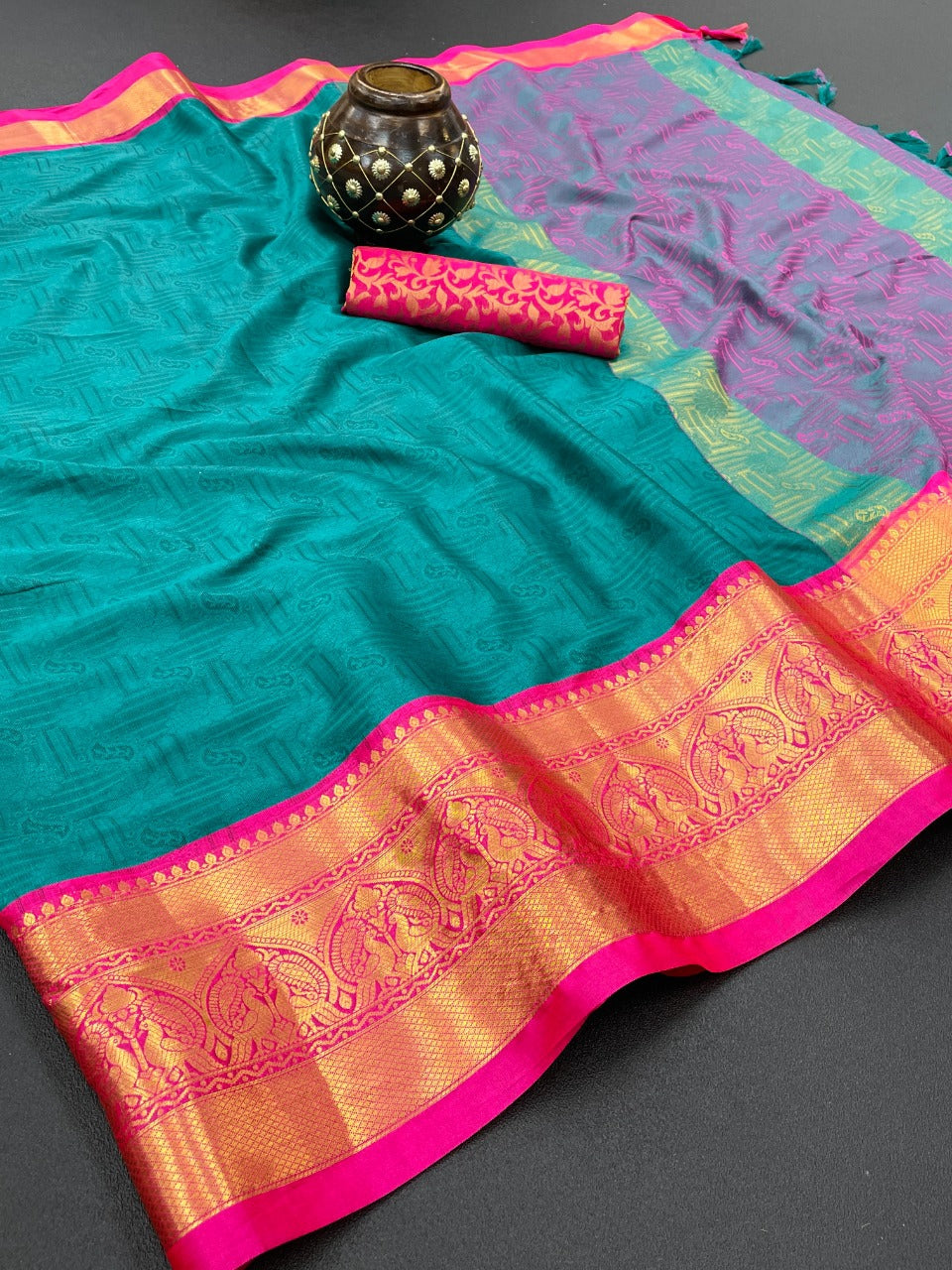 Rama & Pink Silk Saree With Weaving Work