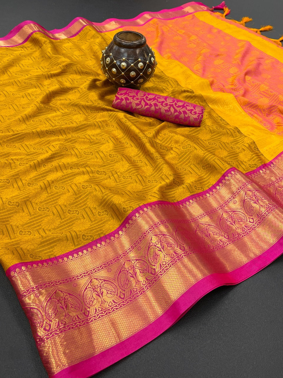 Mustard & Pink Silk Saree With Weaving Work