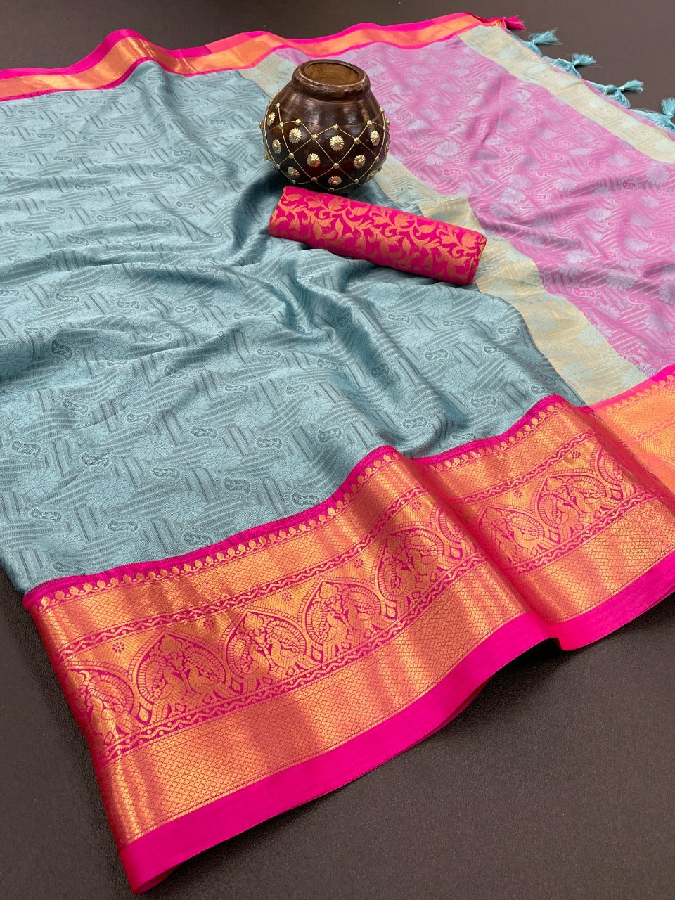 Grey & Pink Silk Saree With Weaving Work