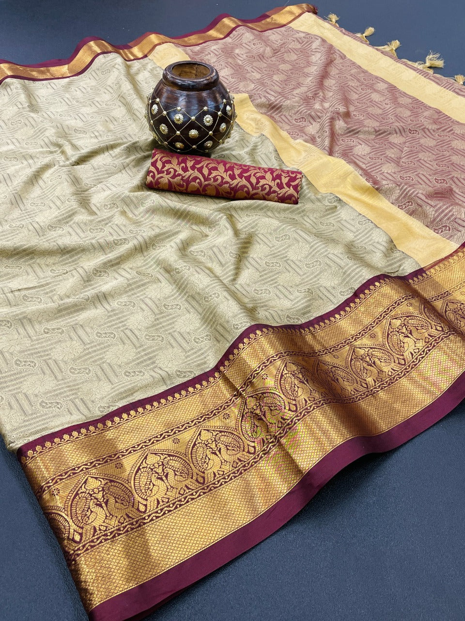 Chiku & Maroon Silk Saree With Weaving Work