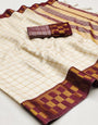 Cream & Maroon Silk Saree With Weaving Work