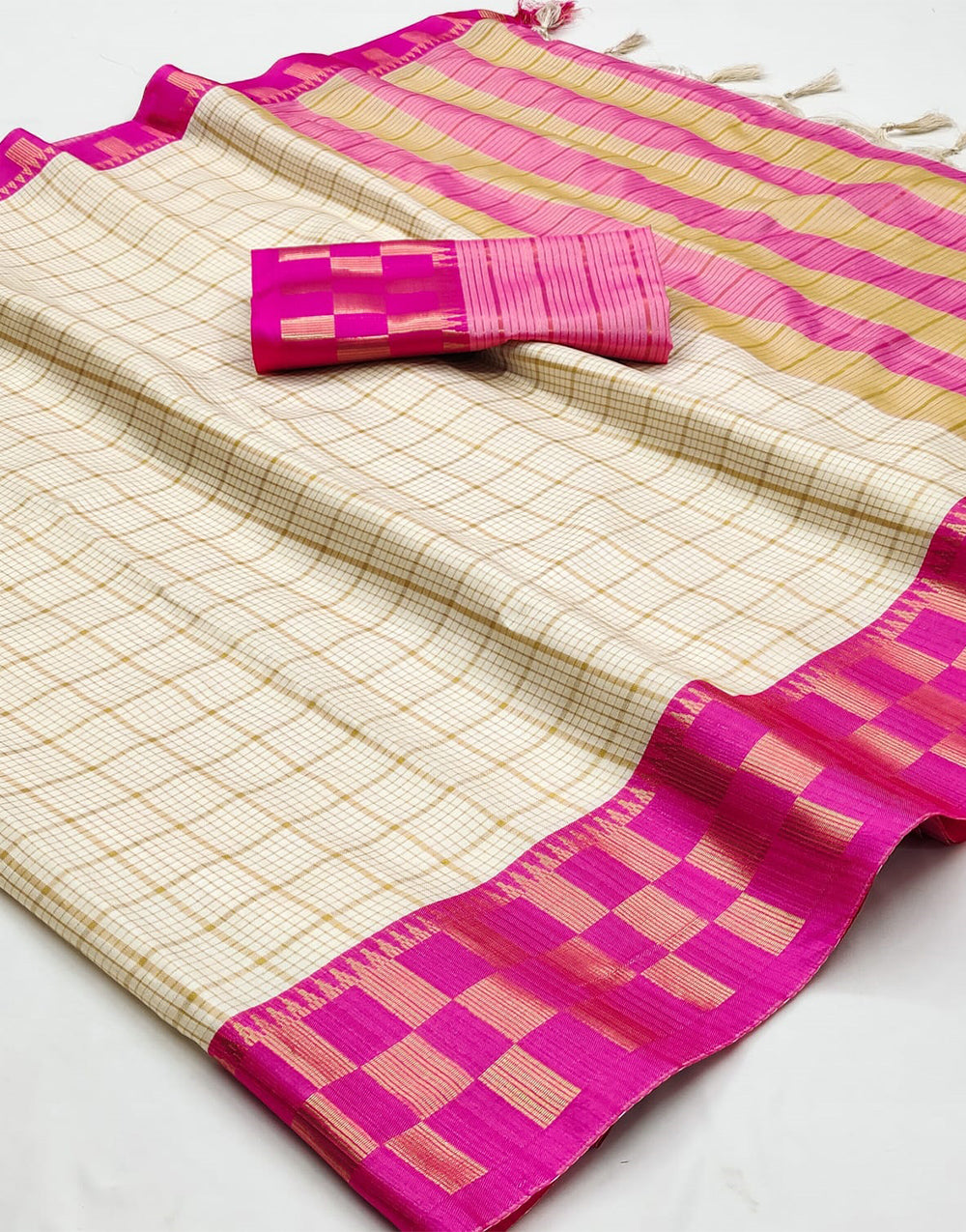 Pink & Cream Silk Saree With Weaving Work
