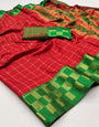 Red & Green Silk Saree With Weaving Work