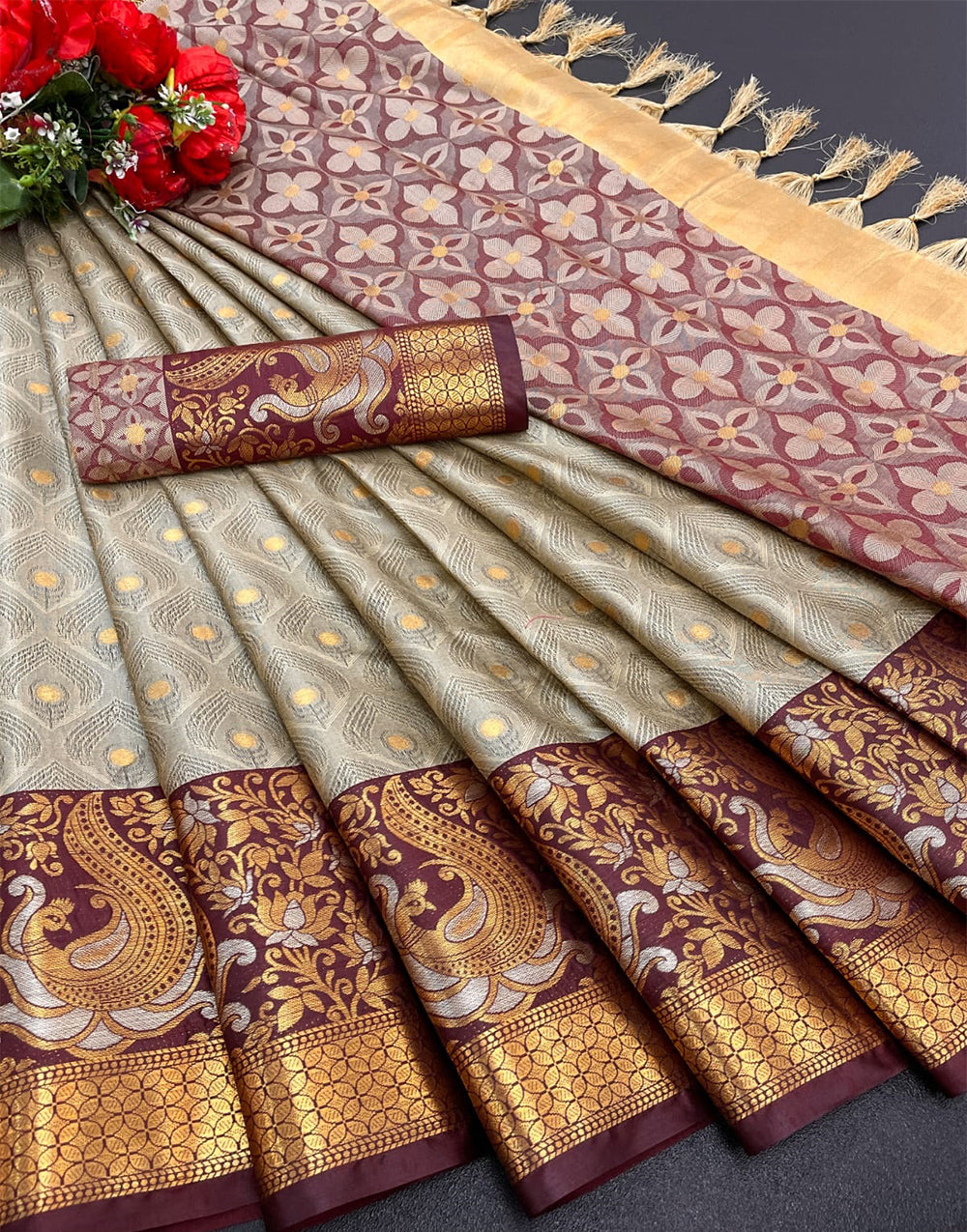 Royal Beige Silk Saree With Weaving Work