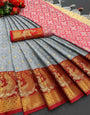 Grey & Red Silk Saree With Weaving Work