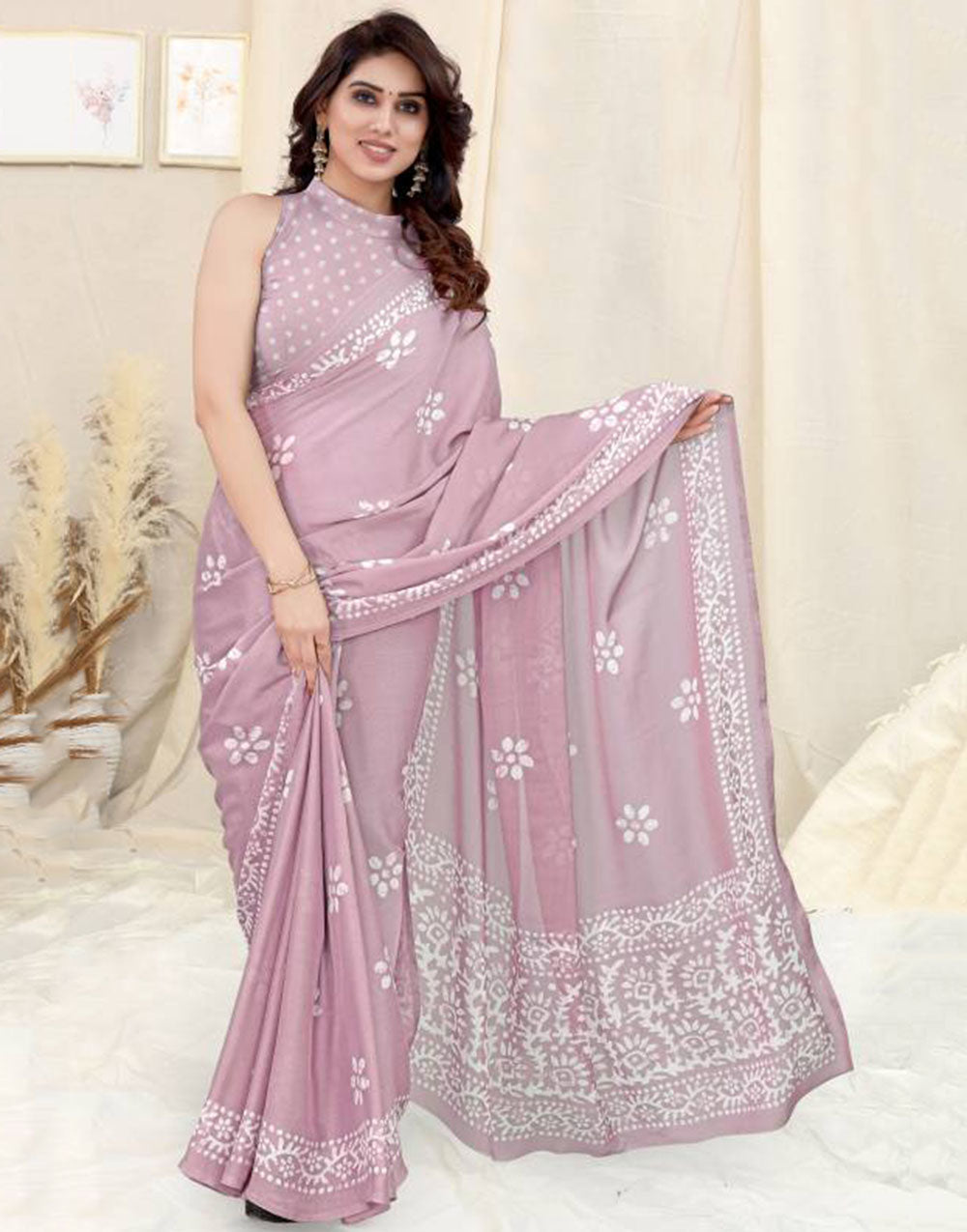 Light Pink Printed Chiffon Saree