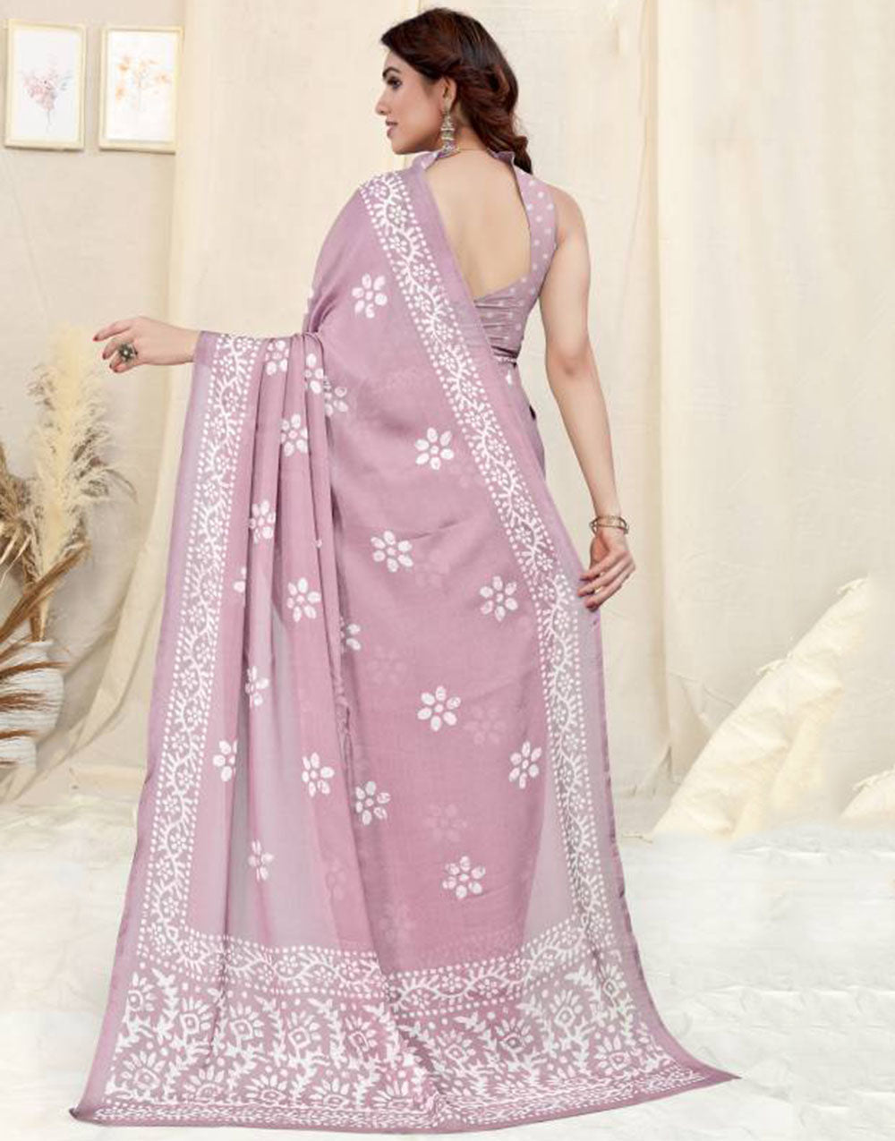 Light Pink Printed Chiffon Saree