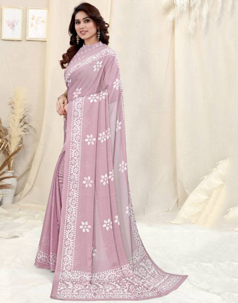 Light Pink Printed Chiffon Saree