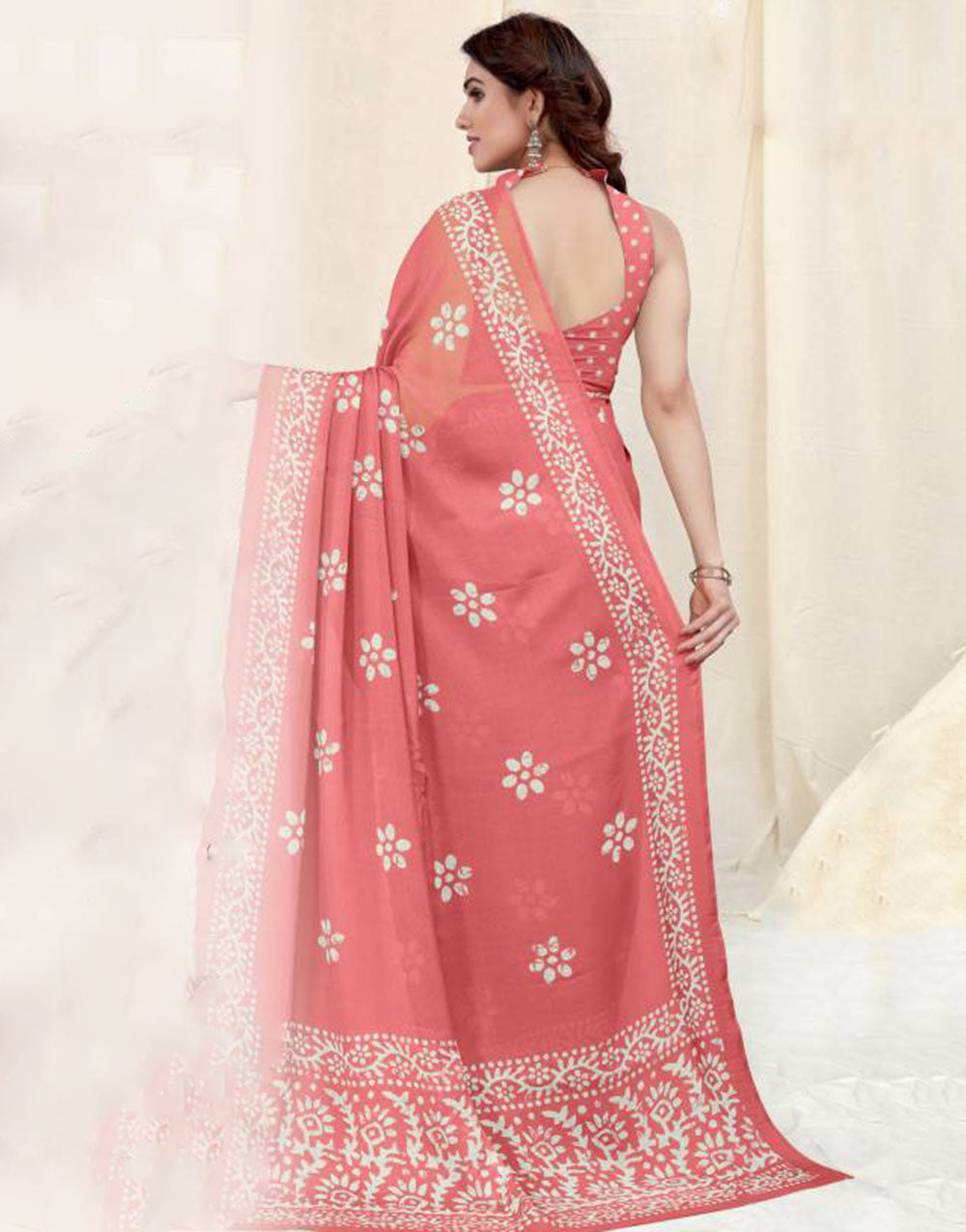 Peach Chiffon Saree With Printed Work