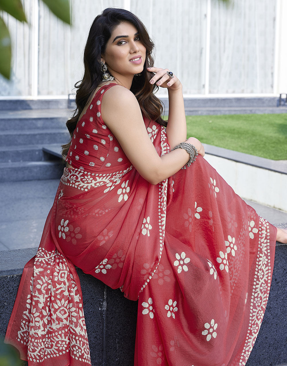 Peach Chiffon Saree With Printed Work