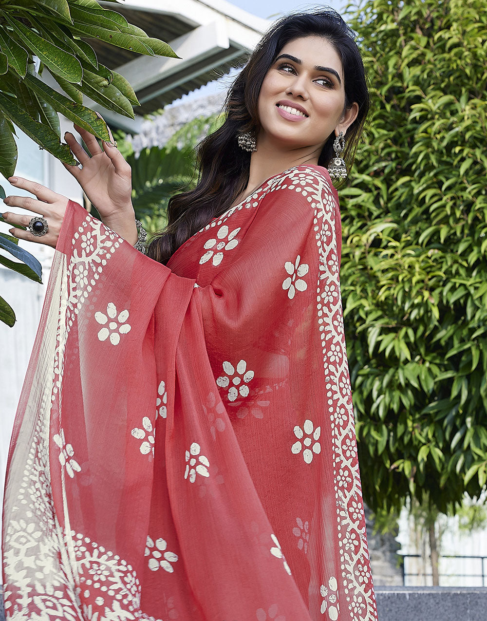 Peach Chiffon Saree With Printed Work