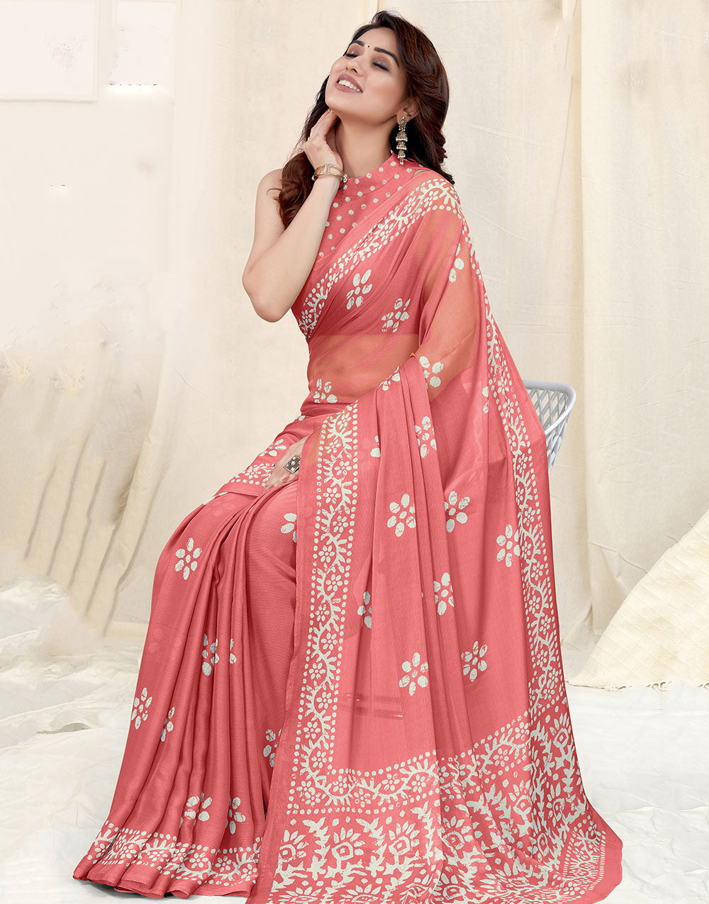 Peach Chiffon Saree With Printed Work