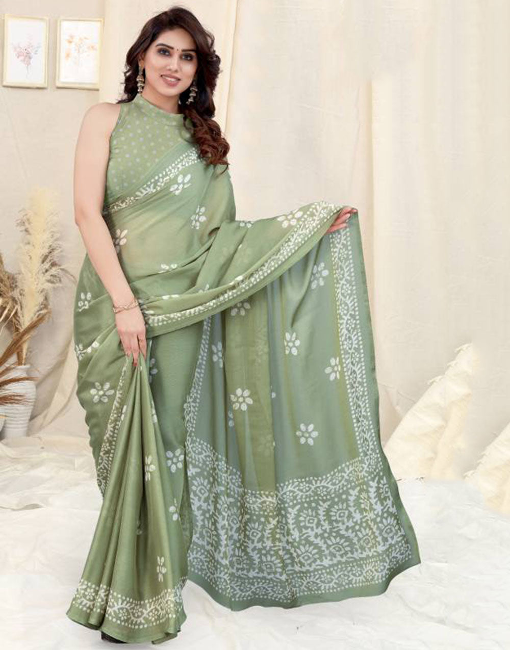 Pista Green Printed Chiffon Saree