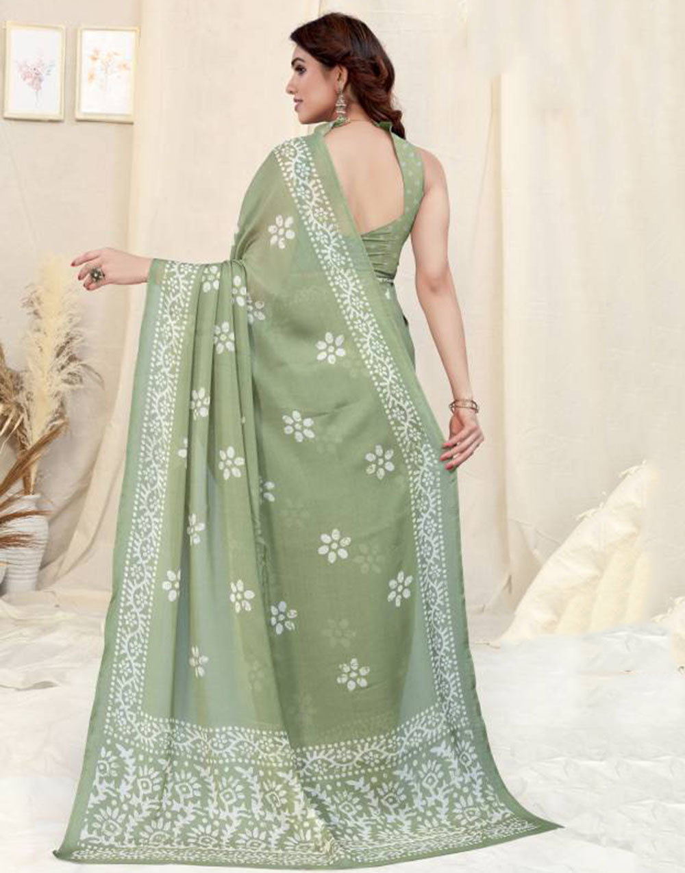 Pista Green Printed Chiffon Saree
