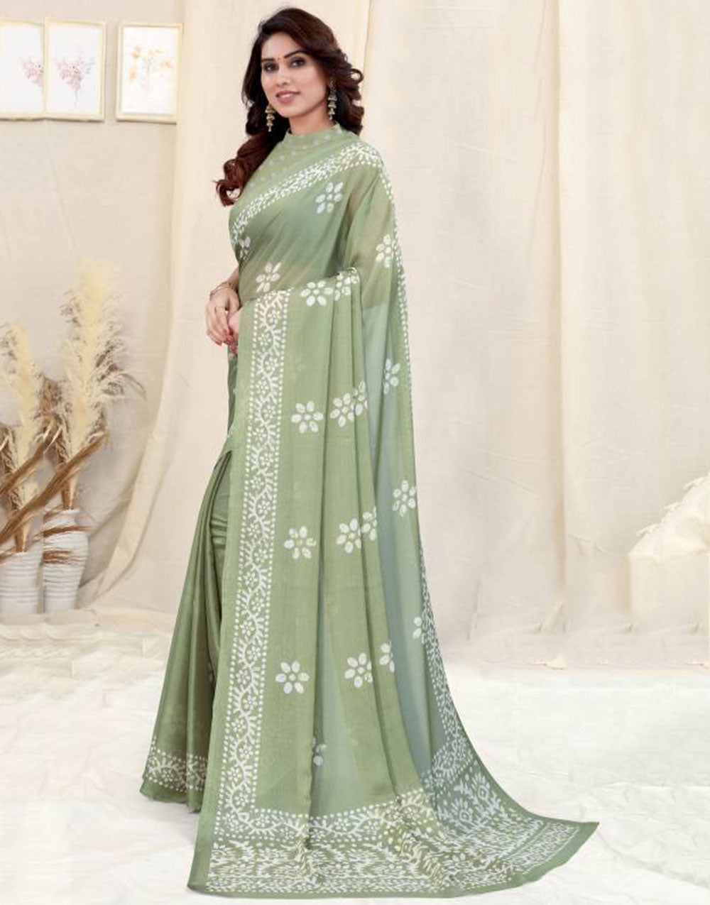 Pista Green Printed Chiffon Saree