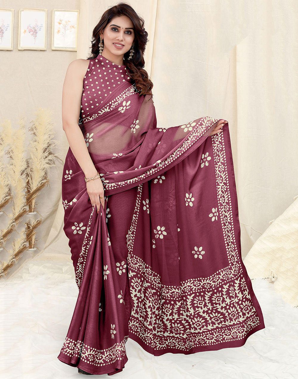 Light Wine Printed Chiffon Saree