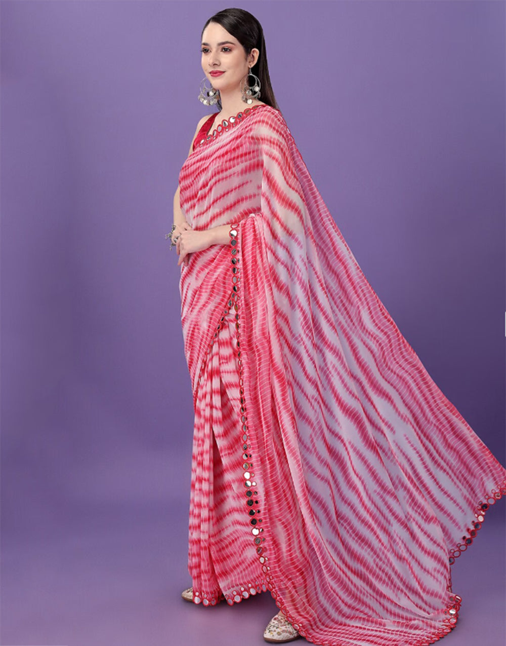 Pink Georgette Saree With Printed Work