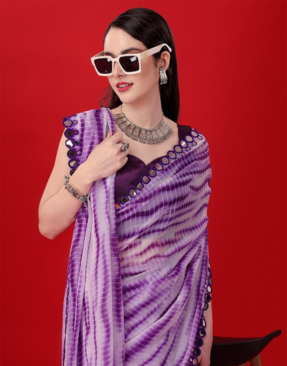 Violet Georgette Saree With Printed Work