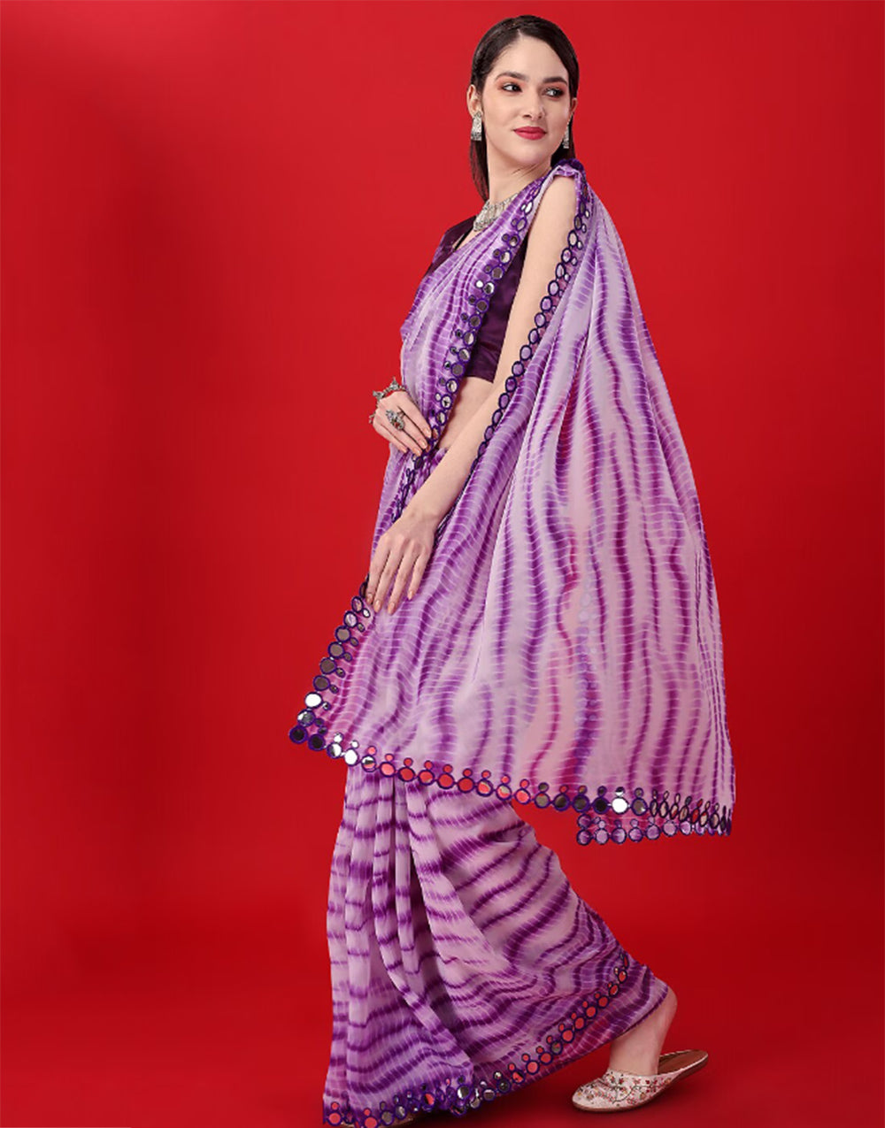 Violet Georgette Saree With Printed Work