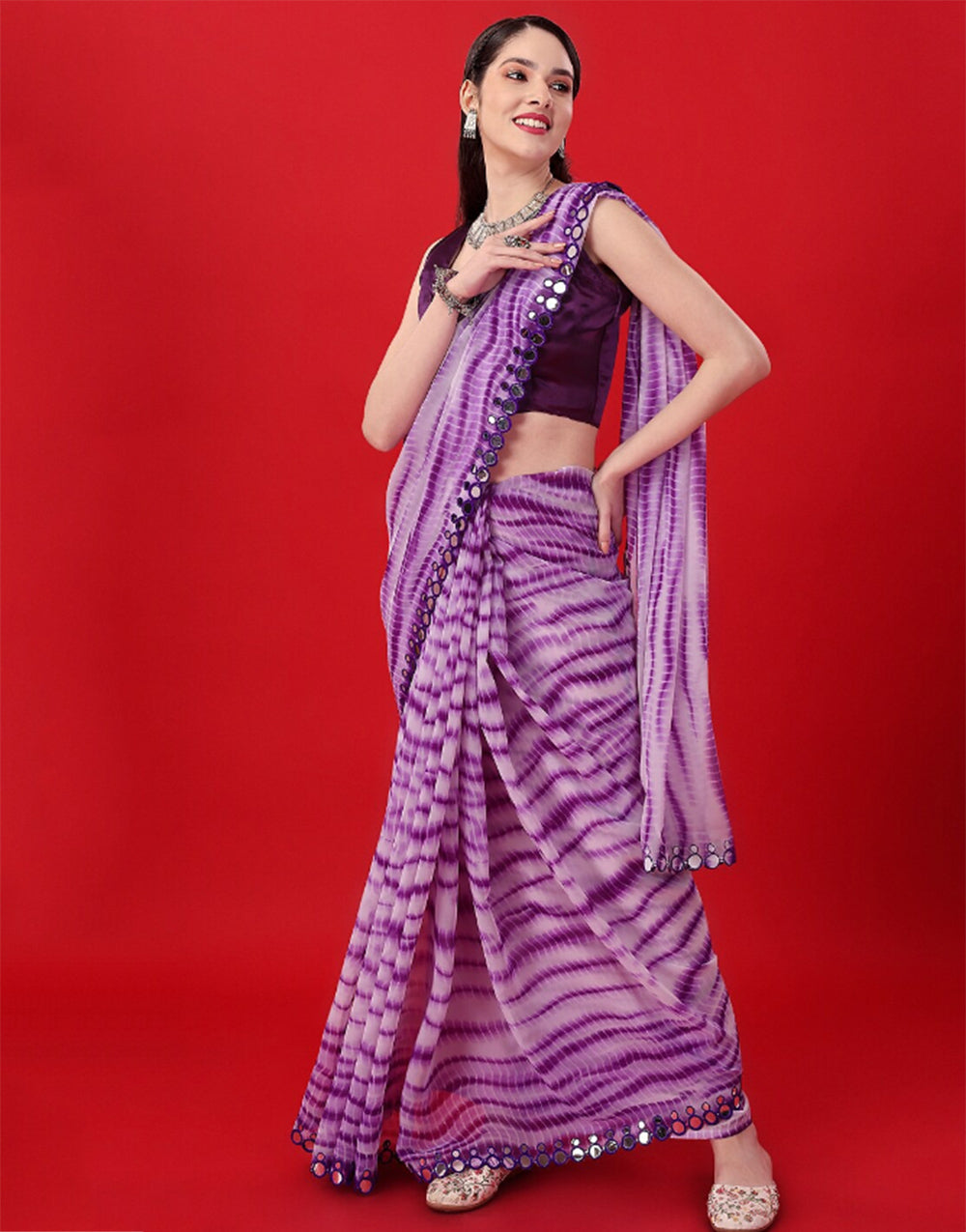 Violet Georgette Saree With Printed Work