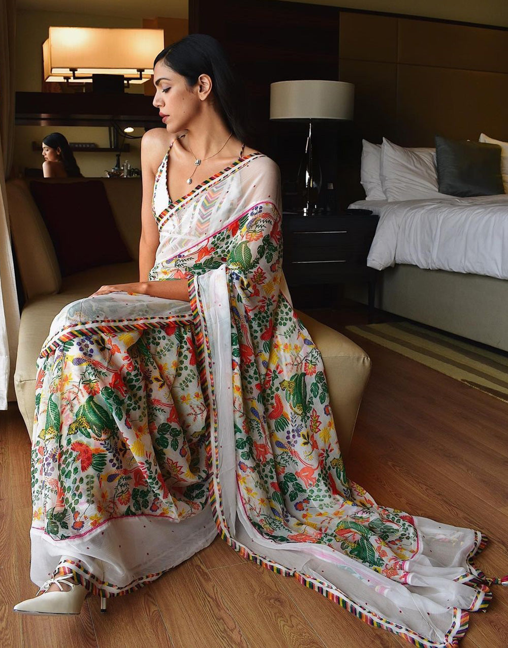 White Saree With Digital Print & Embroidery Lace