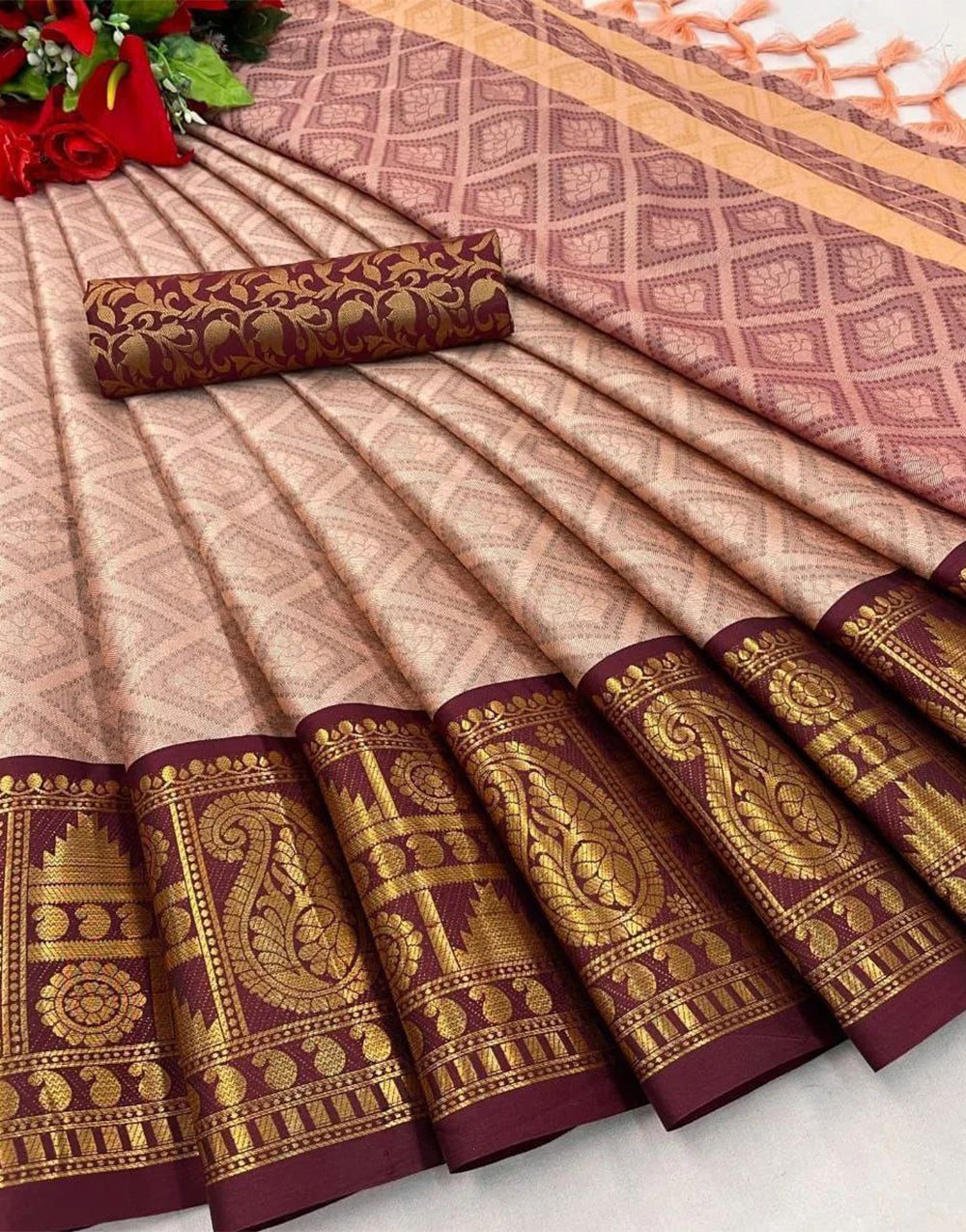 Chic Peach Silk Saree With Weaving Work