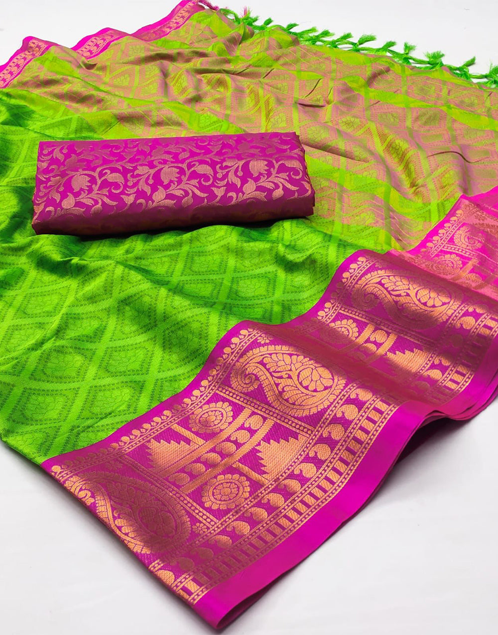 Parrot Green & Pink Silk Saree With Weaving Work