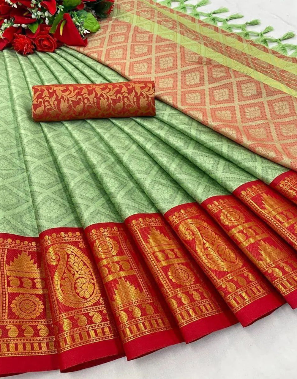 Pista Green & Red Silk Saree With Weaving Work