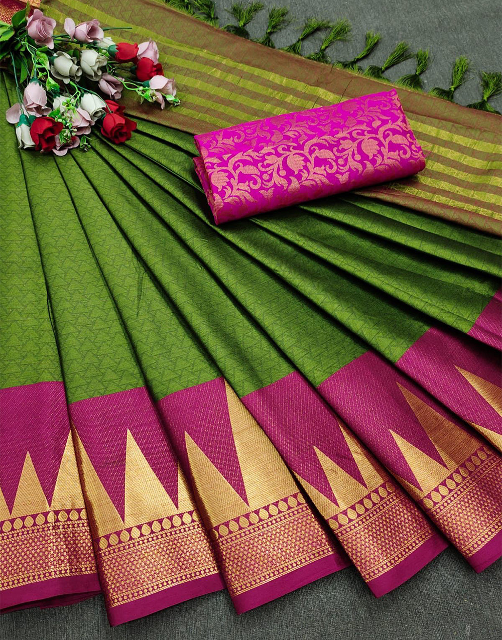 Pink & Mahendi Green Silk Saree With Weaving Work
