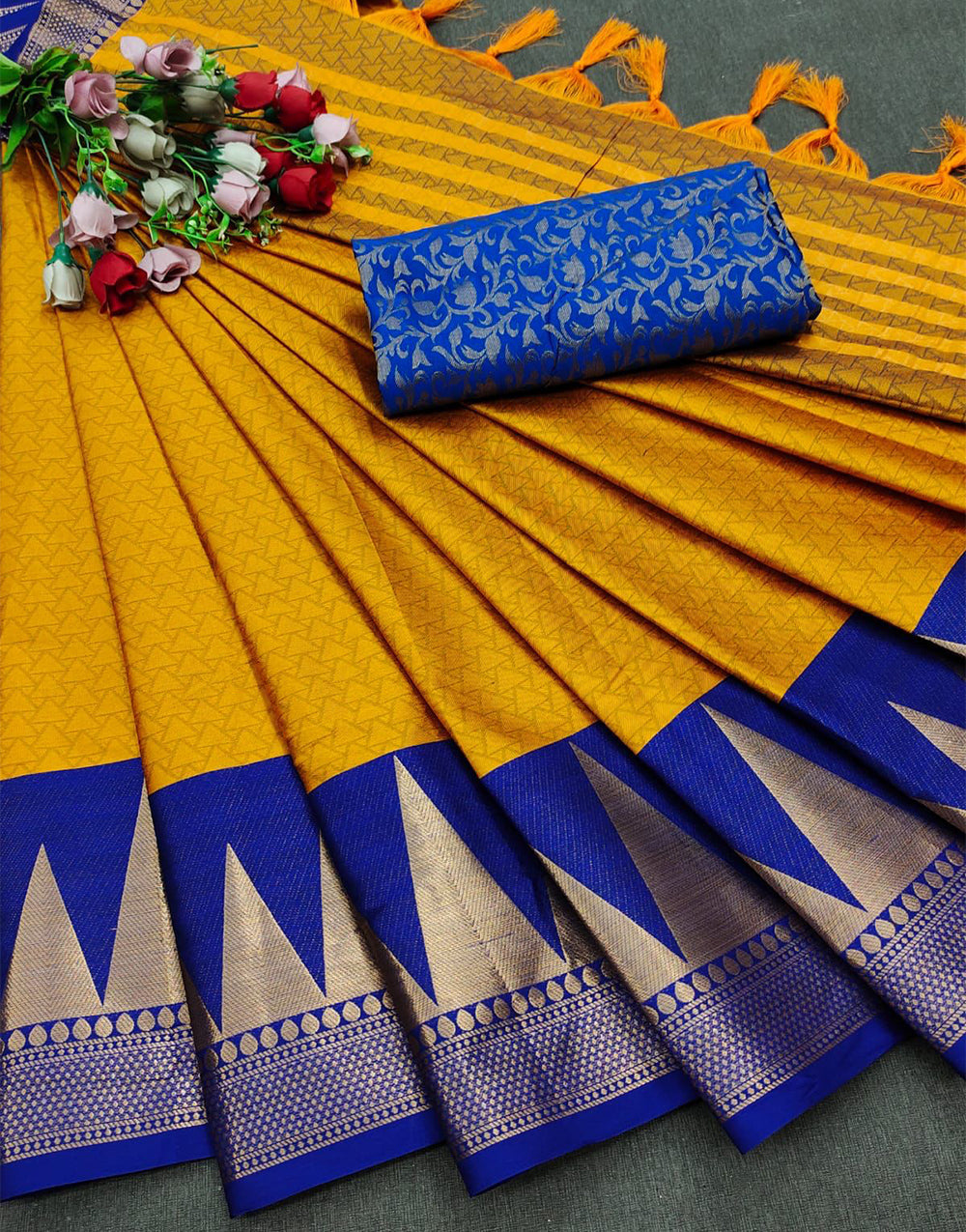 Mustard Yellow & Blue Silk Saree With Weaving Work