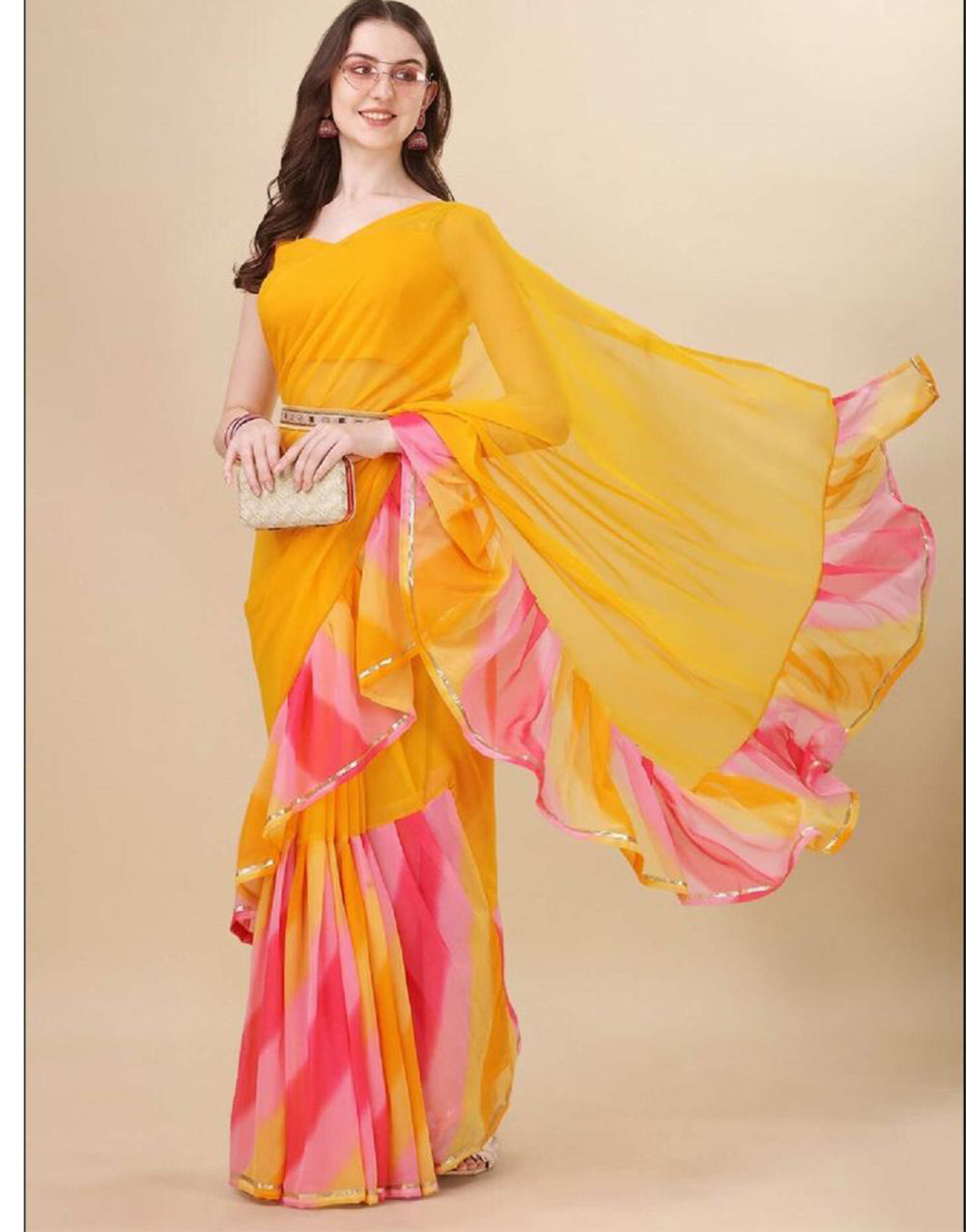 Yellow Georgette Saree With Printed Work