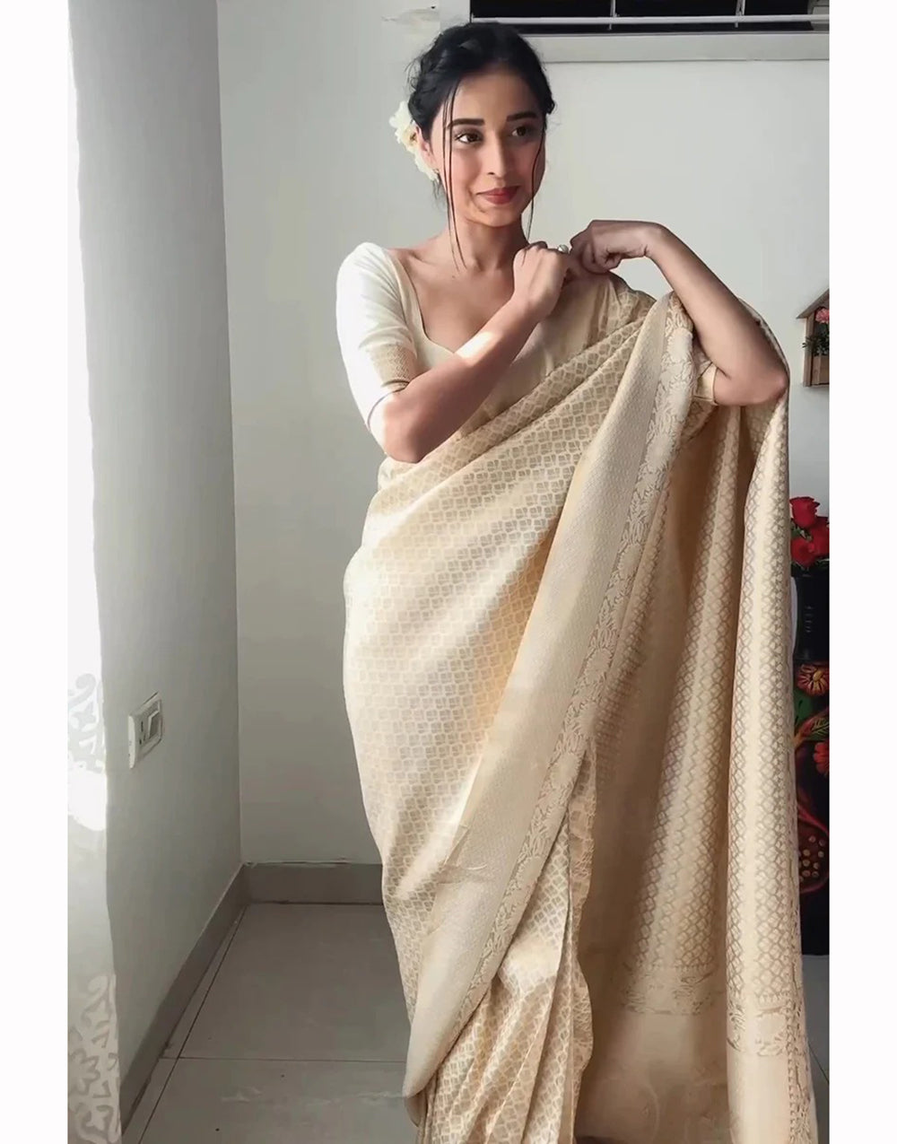 Cream Soft Silk Ready To Wear Saree