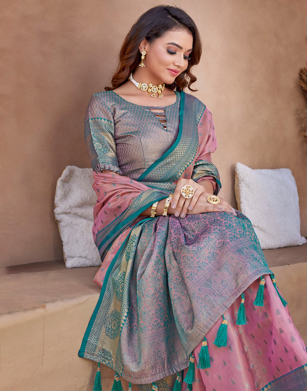 Rose Pink & Rama Blue Silk Saree With Zari Weaving Work