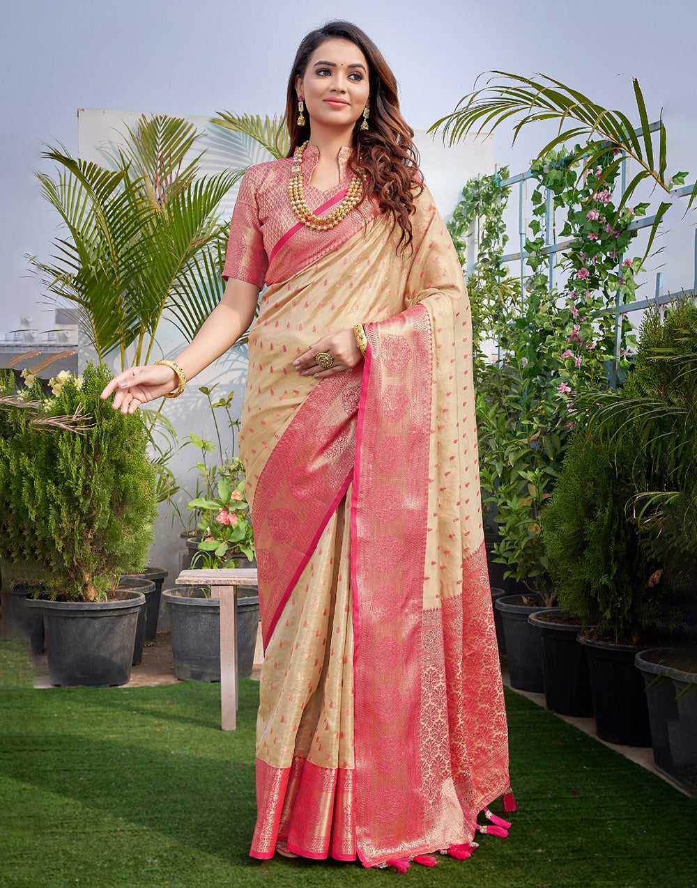 Dark Beige & Ruby Red Silk Saree With Zari Weaving Work