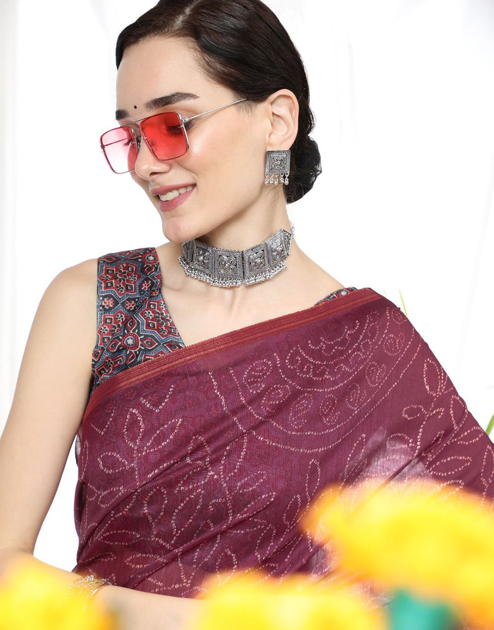 Wine Soft Cotton Saree With Bandhani Printed Work