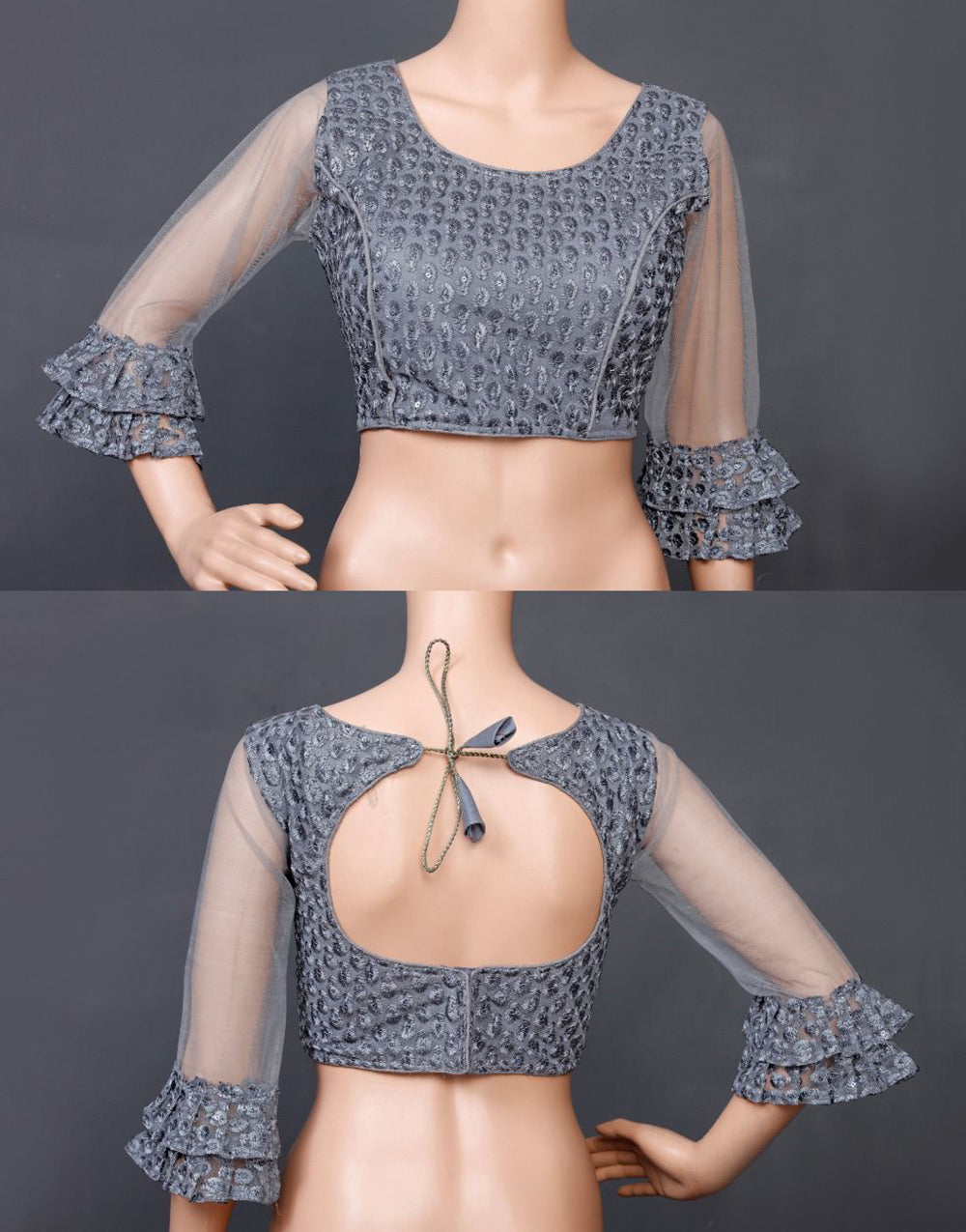 Grey Soft Nylon Thread Embroidery & Sequence Work Blouse
