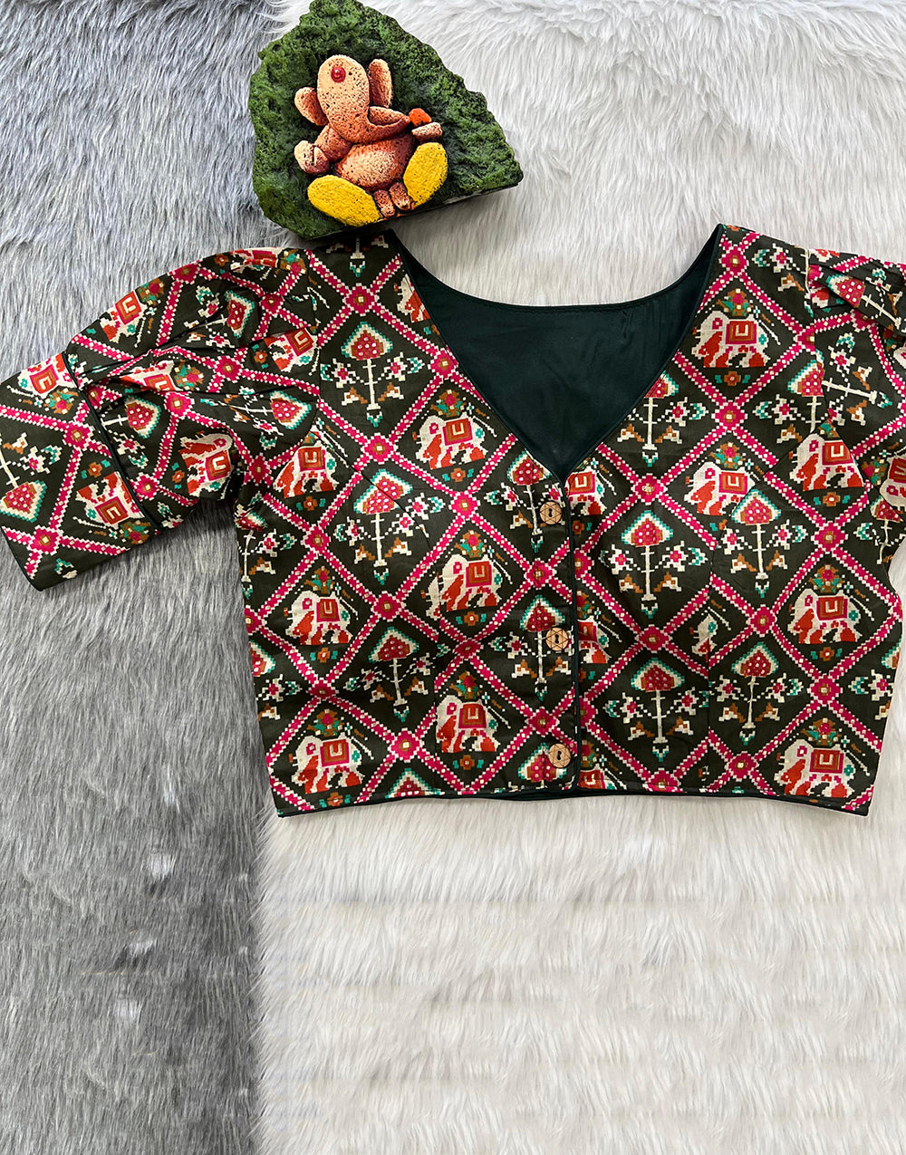 Dark Green Cotton With Patola Printed Blouse