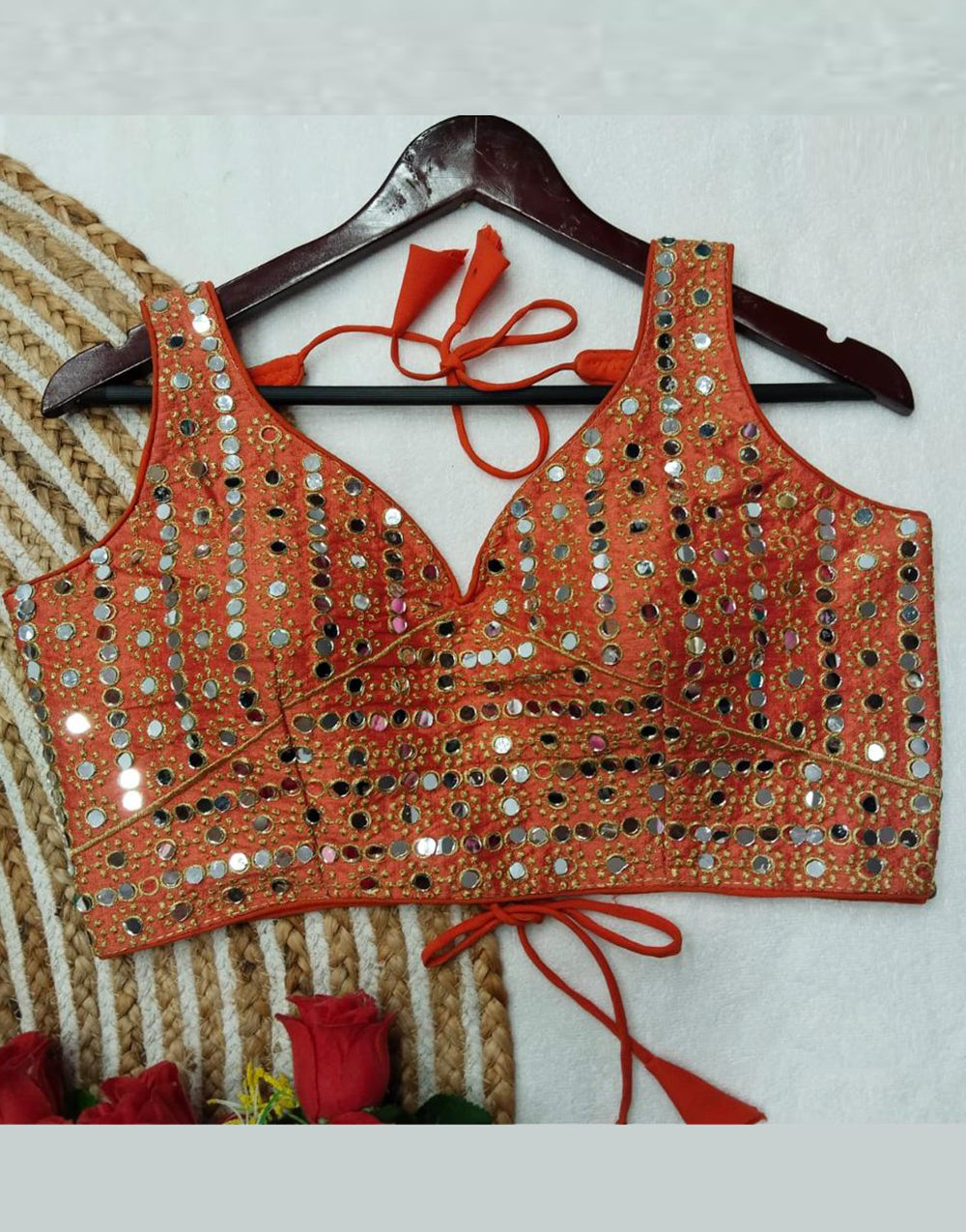 Orange Heavy Embroidery & Mirror Work Blouse