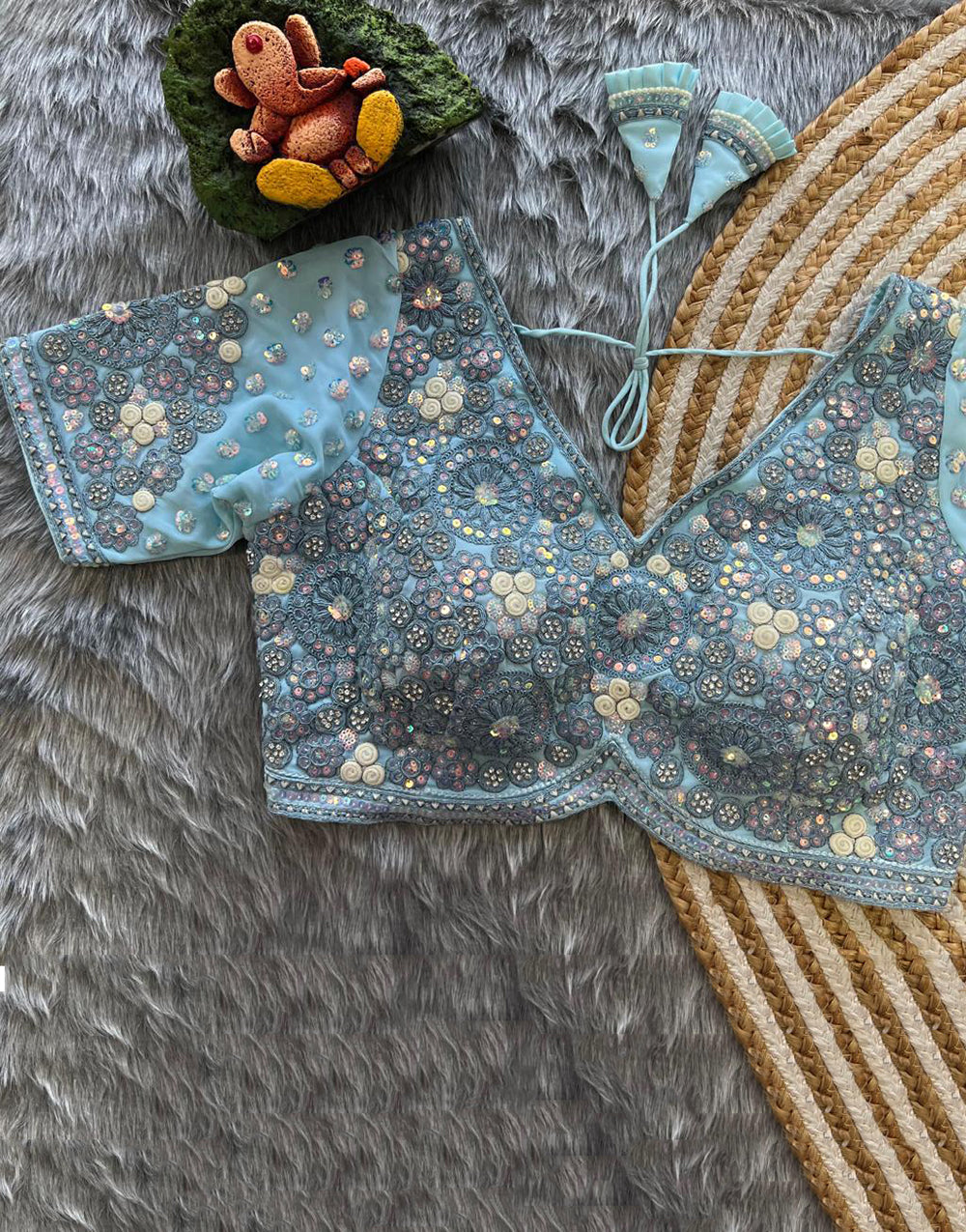 Light Blue Embroidery & Diamond Work Wedding Blouse