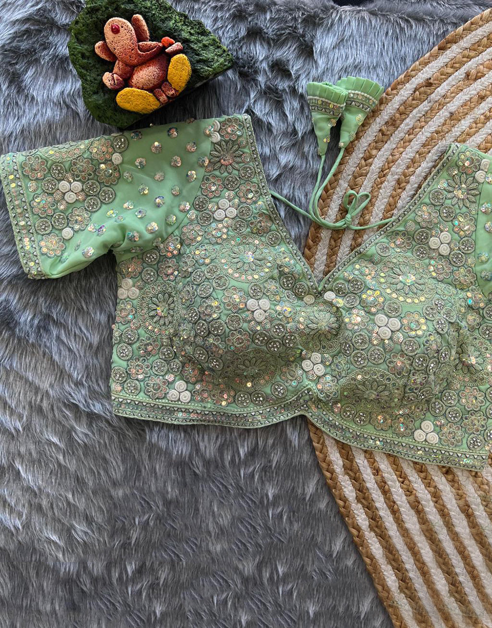 Pista Green Embroidery & Diamond Work Wedding Blouse