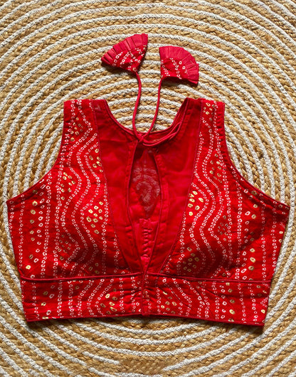 Red Rayon Cotton With Bandhani Printed Blouse